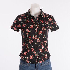 Henri Bendel Vintage Black Floral Short Sleeve Button Front Top Size US XS